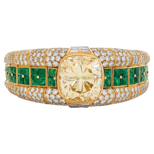 Bulgari 18K Gold Fancy Intense Yellow Diamond Emerald Bangle Bracelet GIA